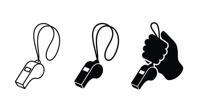 Three whistle icons with lanyards and hand holding one