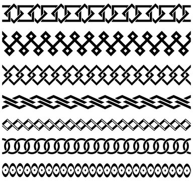 Collection of seven black geometric celtic knot borders on white background, pattern