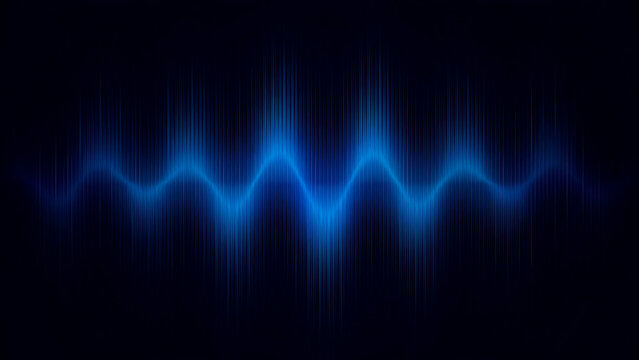 Blue digital sound wave graphic featuring vertical lines with glowing neon light patterns against a dark black abstract background display