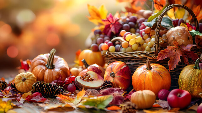 Abundant autumn harvest display with pumpkins grapes and fall leaves on wooden surface with scene various pumpkins grapes basket colorful vibrant autumn