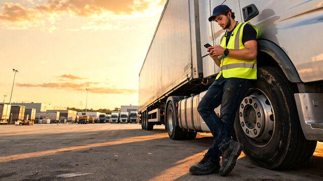 A young professional truck driver leaning comfortably against the side of a large modern freight truck while checking a smartphone, expansive logistics yard with trailers and warehouse buildings .
