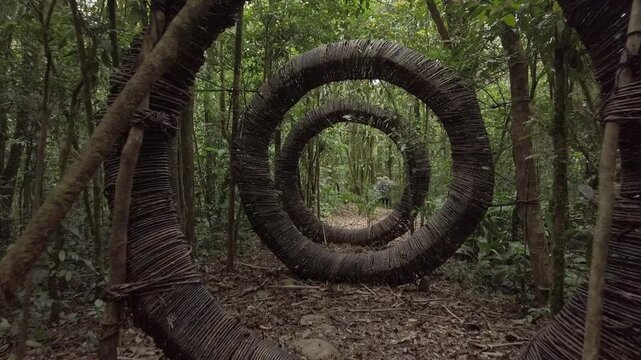 Mystical forest portal with woven circular rings, ancient woodland art installation, surreal nature path through organic round sculptures