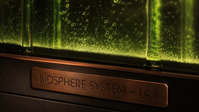 Closeup of Biosphere System 147 with green algae and bubbles  