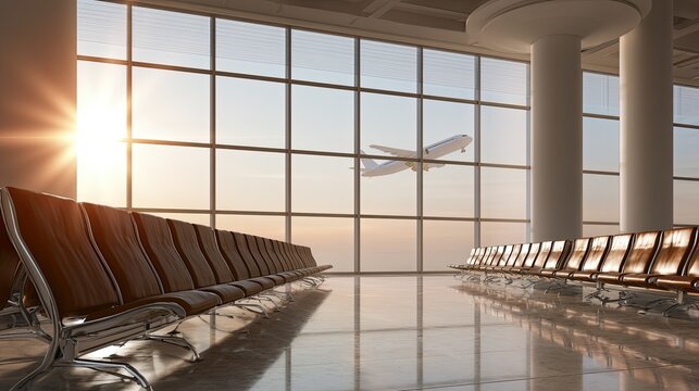 Sunlit airport terminal with rows of empty seats and a plane taking off