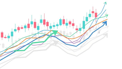 Obraz premium Stock market graph showing rising trends with colorful lines and arrows indicating growth and investment opportunities in financial markets