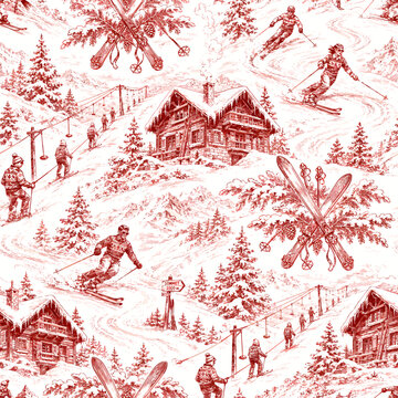 Red toile de jouy of a vintage alpine ski resort with skiers, chalets, ski lifts and crossed skis in a snowy mountain engraving style for winter d&eacute;cor.