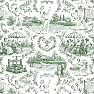 Green toile de jouy of vintage lawn tennis with Victorian players serving, spectators under parasols and a clubhouse in classic sporting engraving style.