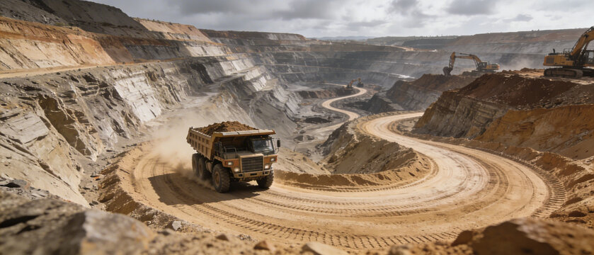 Large dump truck driving on a winding dirt road inside an open pit mine