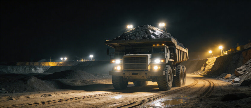Large heavy haul truck carrying coal driving on a dark mine road at night