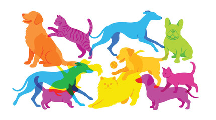 Obraz premium Colorful silhouettes of pets. Group of dogs and cats in vibrant neon colors.