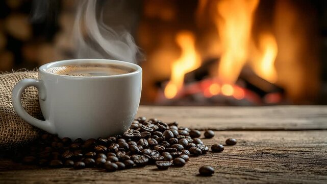A steaming cup of coffee by the fireplace with coffee beans.