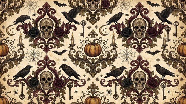 Vintage Gothic seamless pattern with skulls ravens pumpkins and roses in dark ornate damask style