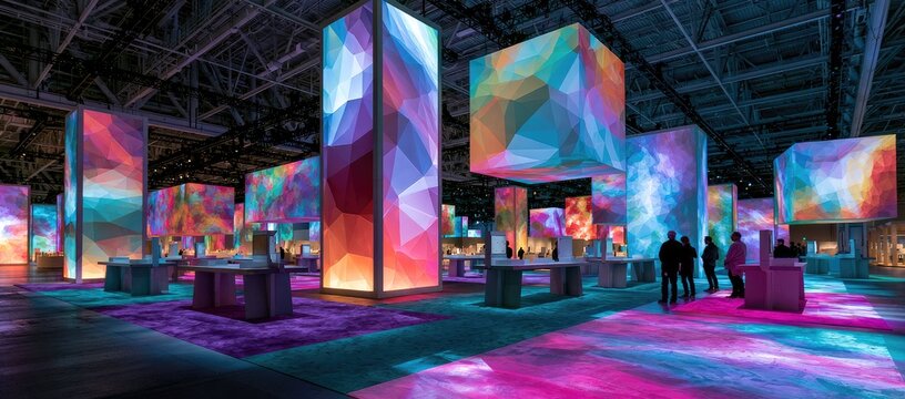 Immersive exhibit with glowing geometric screens and colorful floor projections