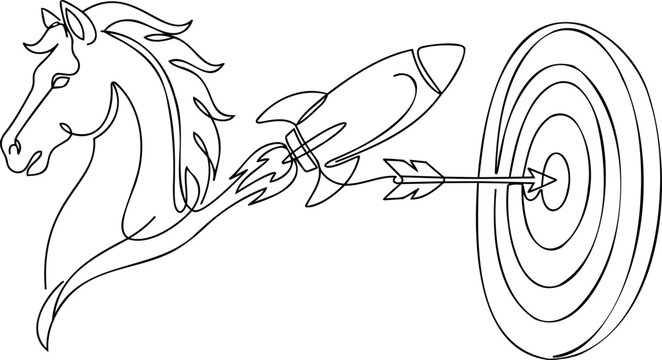 Continuous one line drawing of generic horse head morphing into rocket and arrow hitting bullseye target for fast business strategy and successful goal concept vector
