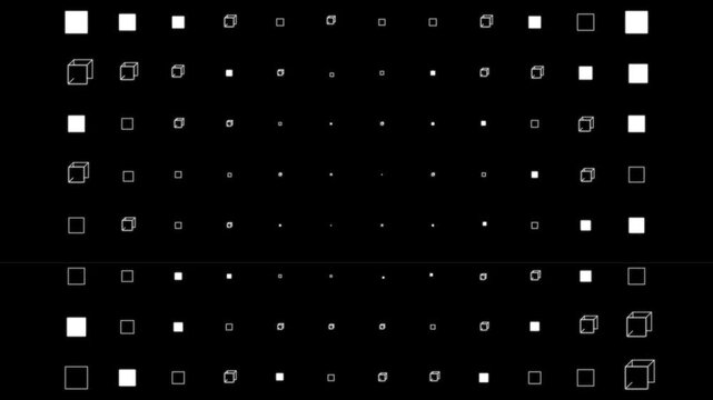 Squares transition black and white background 4k footage, 2D Transition footage displays scaling geometric cubes across a rhythmic digital grid. 4k video
