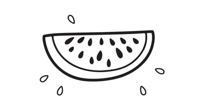 Hand drawn watermelon slice vector illustration, minimalist fruit doodle icon, black and white summer melon sketch for coloring or logo design