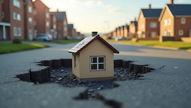Small House Model Sits Precariously in a Cracked Asphalt Road.