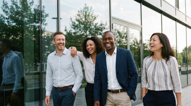 business people walking and laughing outside an office building, colleagues enjoying a discussion and bonding, diverse partners in a casual meeting atmosphere