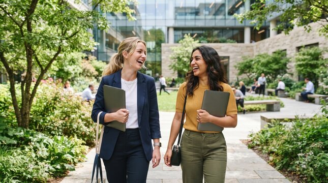 business people walking and laughing outdoors with laptops, discussing plans in a modern office courtyard, showcasing partnership and collaboration
