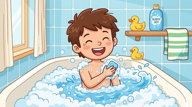 Happy cartoon boy taking bath in bathtub with bubbles, Concept of hygiene and kids health, Represents bath time and cleanliness. Perfect for children and family content made by AI generative