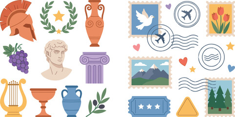Fototapeta premium Ancient Greece Culture and Travel Postage Stamp Element Set Featuring Spartan Helmet Laurel Wreath Marble Bust Column Amphora and Postmarks Vector Illustration