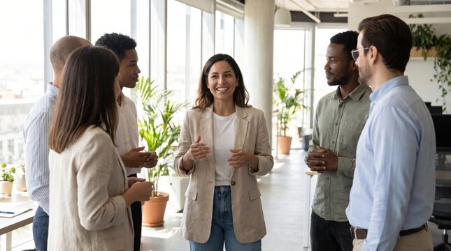 business people having a meeting in a modern office, engaged in discussion with partners, diverse team collaborating in an open space with natural light