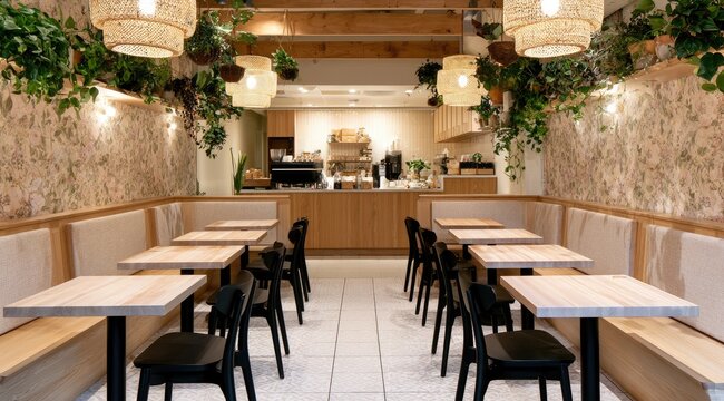 Light, airy cafe with wood tables, banquettes, and lush greenery overhead