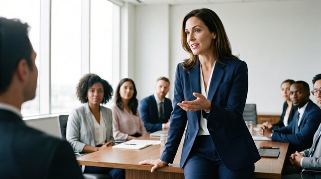 business people in a meeting having a discussion in an office, woman leading conversation with partners around a table