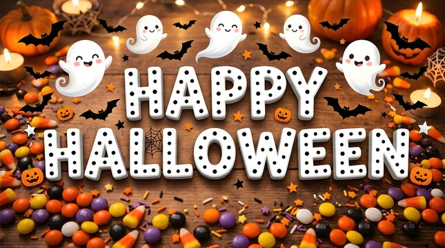 Happy halloween greeting with cute ghosts and candy on wood
