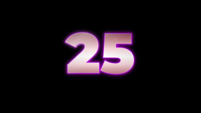 Metal numbers countdown 30 on black background 4k footage, Huge metal countdown footage features bold chrome digits with a vibrant purple neon outline glow. 4k video