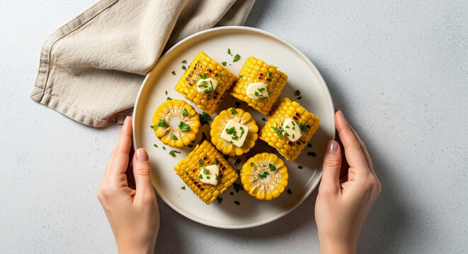 Delicious grilled corn on the cob served with melting butter
