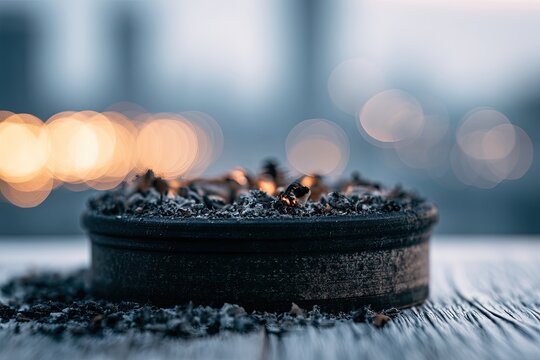Close-up of a filled ashtray on a wooden surface, blurred lights in background