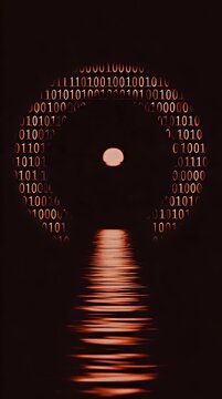 Abstract digital background featuring binary code overlayed on a silhouetted tree line against a vibrant sunset representing technology nature and data convergence