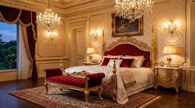 Luxurious Royal Bedroom Interior with Gold Furniture and Red Velvet Accents