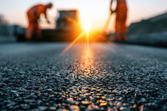 Sunrise casts warm glow on road workers laying asphalt