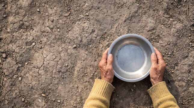 Hands holding empty metal bowl over dry cracked earth
