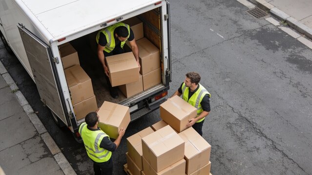 Direct overhead shot of courier workers unloading cartons from delivery truck in residential neighborhood.