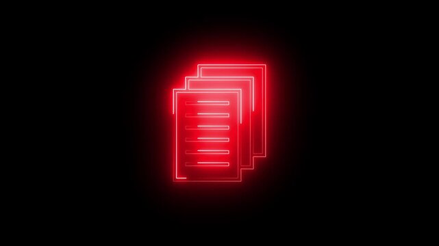 Red Glowing Neon Document Files Stack Animated Icon Motion Graphics Stock Overlay Isolated Black Background Paper Folder Text Pages Symbol.