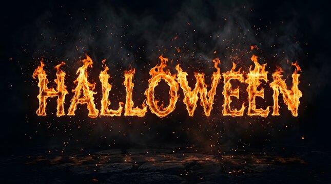 Halloween word made of fire flames with smoke and sparks on dark background