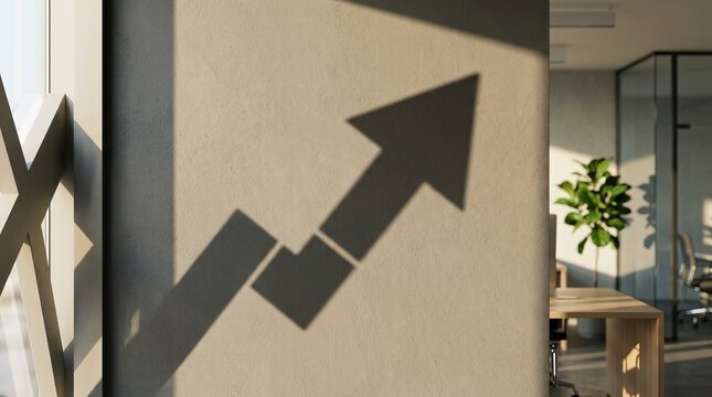 Optimizing Business Performance Through Strategic Positioning, Shadow of an upward trend arrow chart on an office wall, symbolizing business growth and success in a modern workspace.