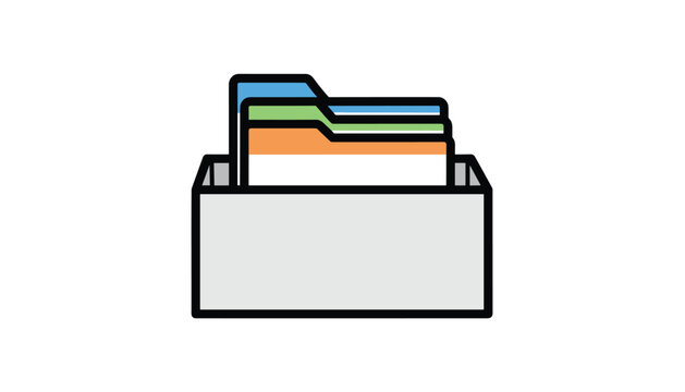 Office document filing box containing organized folders with blue, green, and orange colored tabs against a white background.