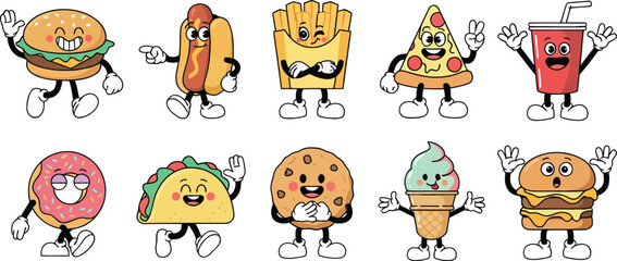 Obraz premium Set of cute cartoon fast food characters including burger hot dog fries pizza taco and ice cream