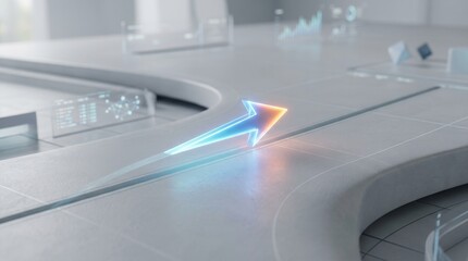 Obraz premium Optimizing Business Performance Through Strategic Positioning, Futuristic digital interface with a glowing arrow and holographic data displays on a clean, modern surface, symbolizi...