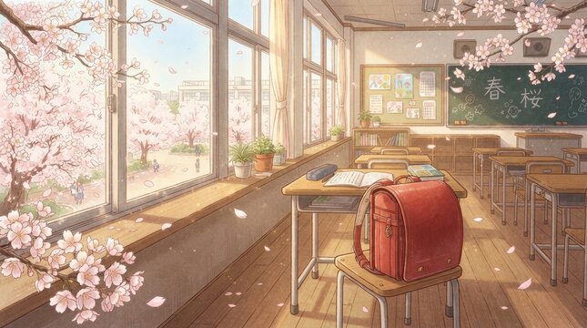 A serene classroom scene bathed in warm sunlight.
