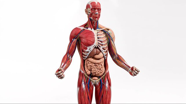 Detailed view of a human anatomical model showcasing muscular skeletal and internal organ structures for educational purposes and medical reference to understand human body's complex systems and funct
