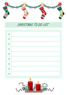 Christmas to-do list with fir branches, stockings and candles. Traditional red and green New Year colors. Festive vector illustration for holiday planning and gift list.