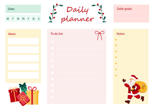 Christmas daily planner. To do list with Santa Claus, gift boxes and festive elements. Printable vector page with sections for notes, goals, reminders and holiday planning.