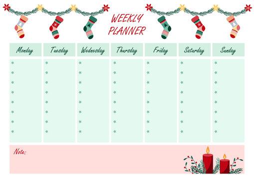 Christmas weekly planner. Traditional red and green colors. Memo with stockings, candles, fir branches and festive ornaments. Printable vector template for holiday schedules, notes and organization.