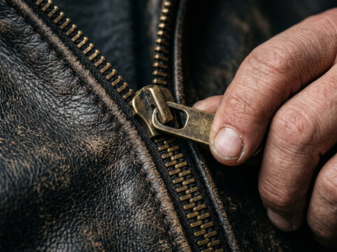 Close Up Of Hand Zipping Zipper On Leather Jacket