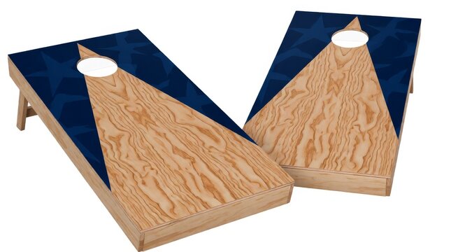 Two wooden cornhole boards with geometric blue accents displayed against white background with solid